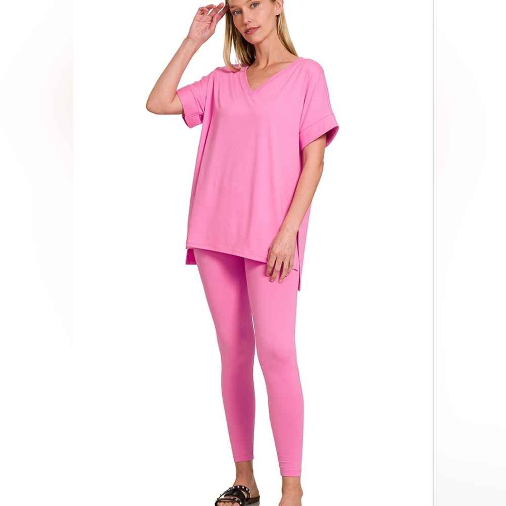 Zenana Candy Pink V-Neck Top and Leggings Set